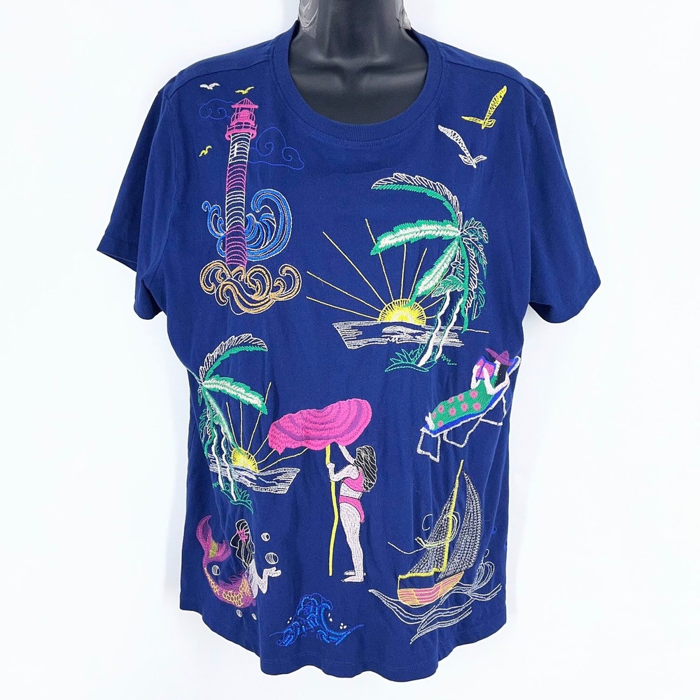 Johnny Was Los Angeles Travel Crew Embroidered Beach Nautical Cotton T-Shirt L‎